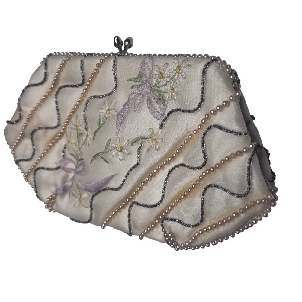 1950s Ivory Beaded Floral Satin Clutch Made in Japan Bag By Debbi